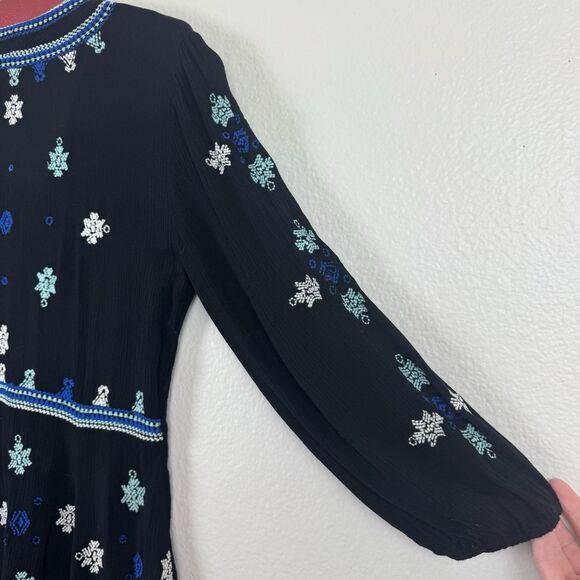 Free People Boho Star Gazer Peasant Babydoll Mini Tunic Dress Black Blue Small - Picture 15 of 16